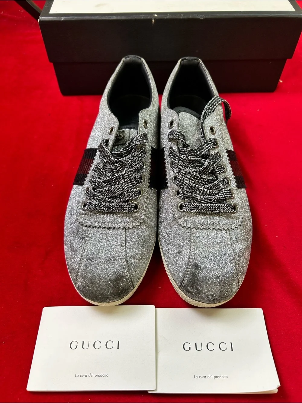 Gucci Silver Glitter Low-Top Sneakers with Red & Blue Web Stripe